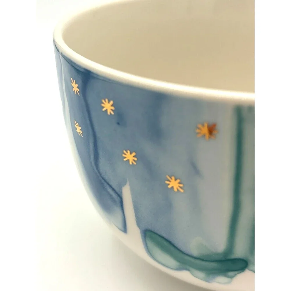 Anthropologie‎ Night Sky Bowl Stoneware Blue Teal Drip Watercolor Wash Gold Star